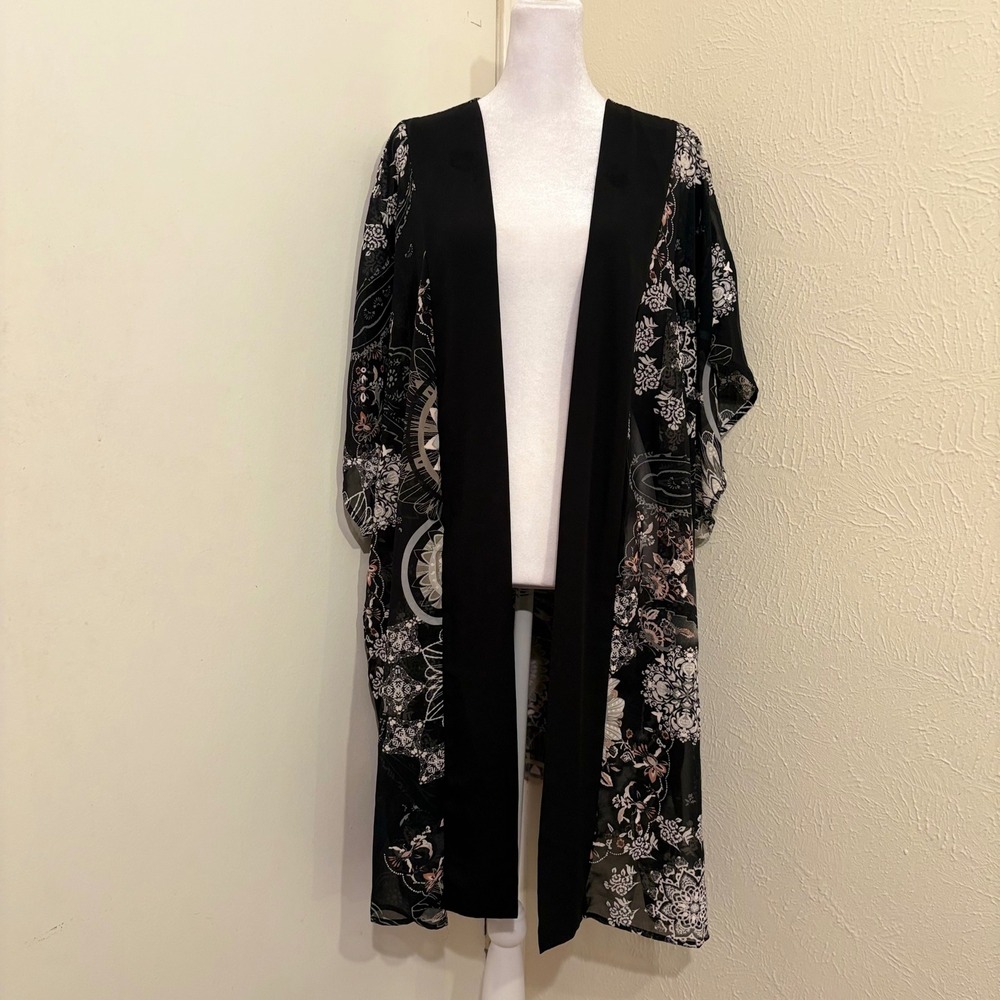 Black White Paisley Mandala Geometric Floral Kimono Sheer Wrap Boho Hippie 3X